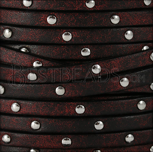 5mm flat RUSTIC STUDDED leather BURGUNDY - meter