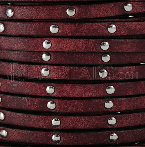 5mm flat RUSTIC STUDDED leather RED - meter