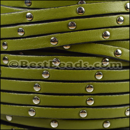 5mm flat STUDDED leather OLIVE GREEN - meter