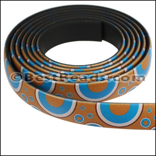 10mm flat FANTASY band TURQ & BROWN CIRCLES - 1 meter