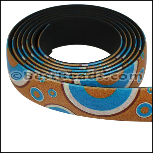 15mm flat FANTASY band TURQ & BROWN CIRCLES - 1 meter