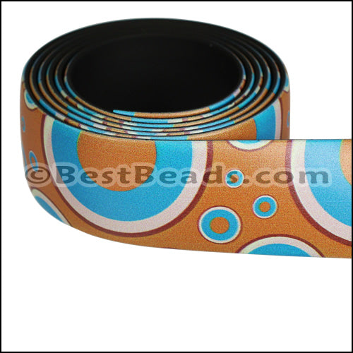 25mm flat FANTASY band TURQ & BROWN CIRCLES - 1 meter