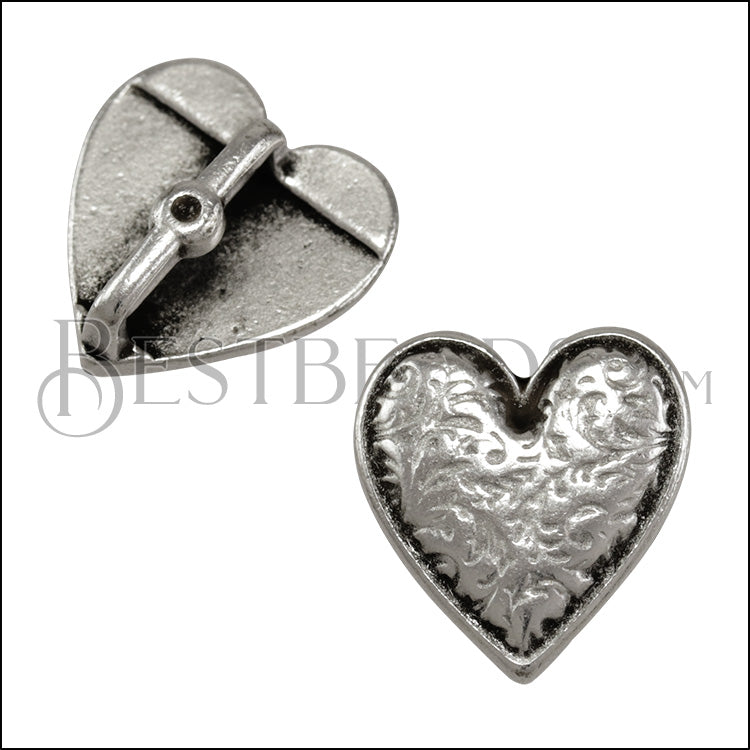 10mm flat CRIMP HEART slider ANT SILVER - 10 pcs