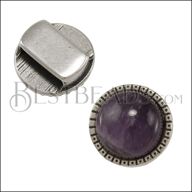 10mm flat ROUND AMETHYST slider ANT SILVER - 10 pcs