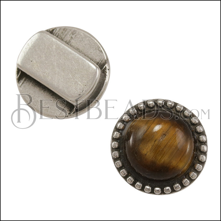 10mm flat ROUND DOTS TIGERS EYE slider ANT SILVER - 10 pcs