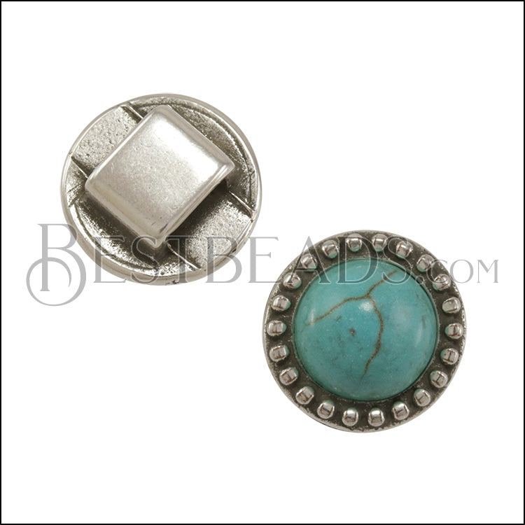 5mm flat ROUND DOTS TURQUOISE slider ANT SILVER - 10 pcs