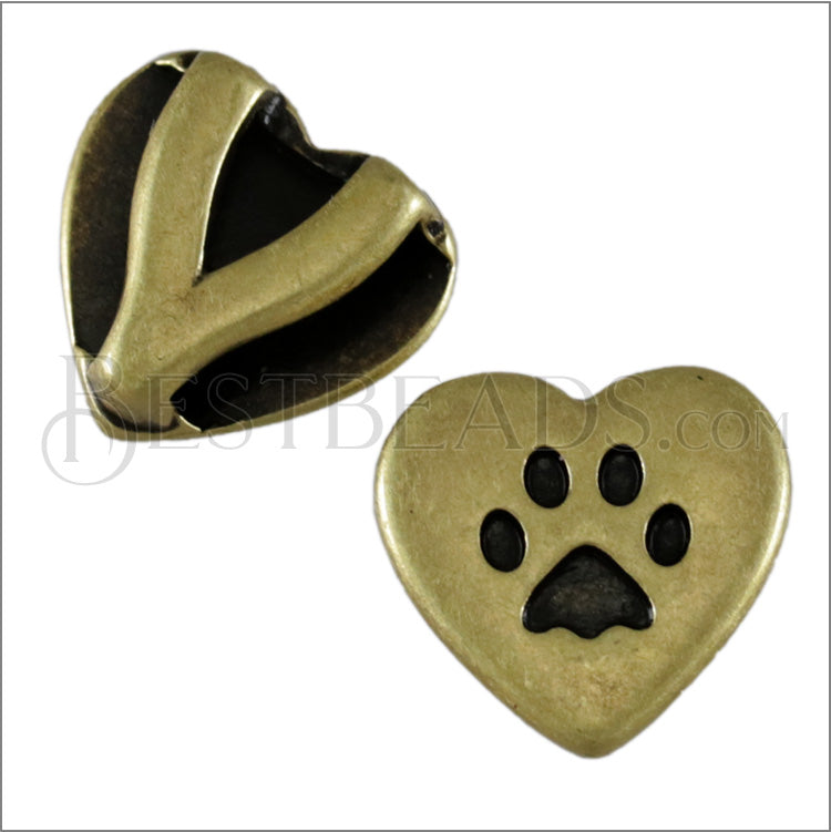 10mm flat HEART PAW slider ANT BRASS - 10 pcs