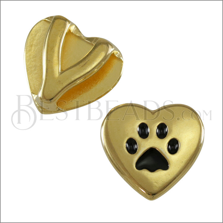 10mm flat HEART PAW slider GOLD with BLACK - 10 pcs