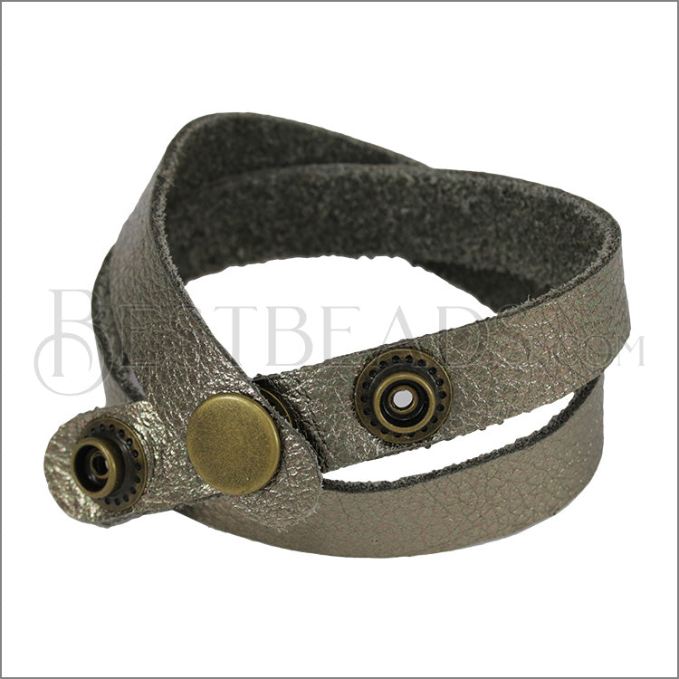 Leather DOUBLE STRAP wrap bracelet METALLIC ANTIQUE BRONZE WITH GREY