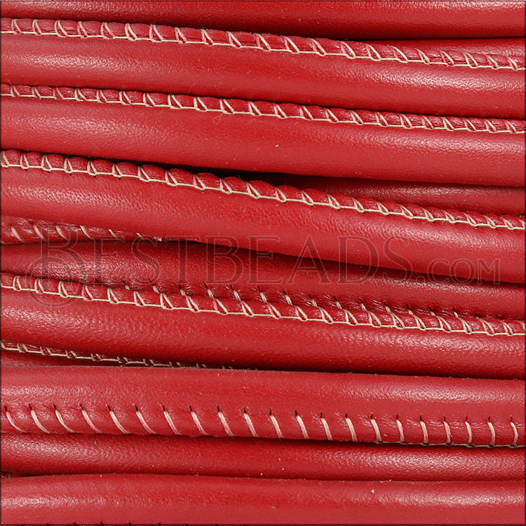 8mm round STITCHED PREMIER leather RED - 1 meter