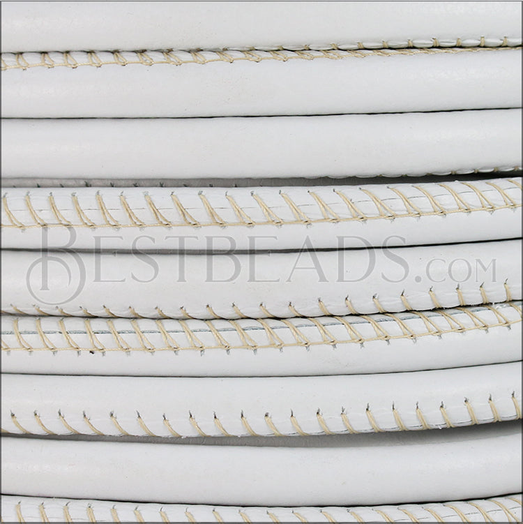 8mm round STITCHED PREMIER leather WHITE - 1 meter