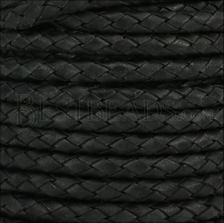 5mm Round Indian Braided Leather NAT BLACK MATTE - 10m SPOOL