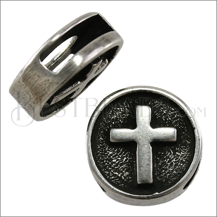 10mm flat EMBOSSED CROSS slider ANT SILVER - 10 pcs