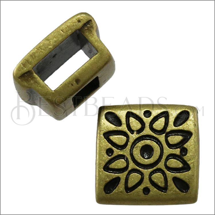 5mm Flat FOLK FLOWER SQUARE slider ANT BRASS - 10 pcs