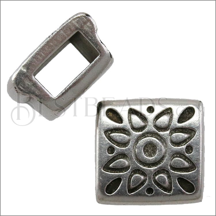 5mm Flat FOLK FLOWER SQUARE slider ANT SILVER - 10 pcs