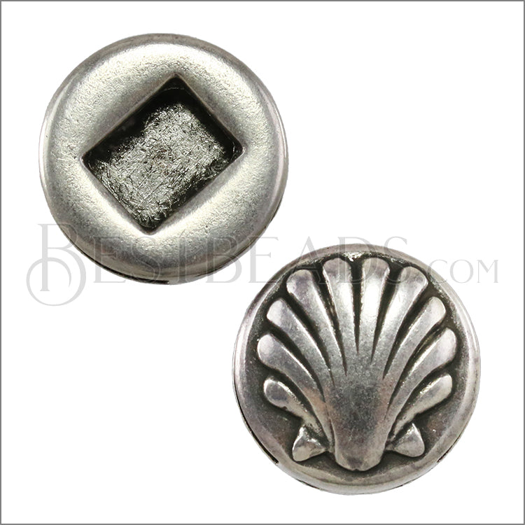 13mm flat ROUND SHELL slider ANTIQUE SILVER - 10 pcs