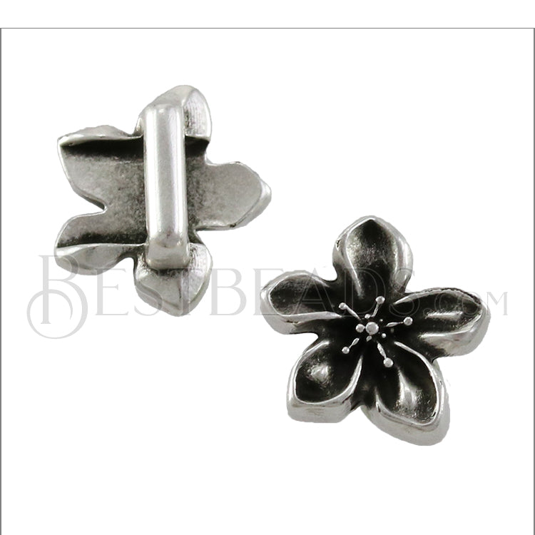 5mm flat JASMINE FLOWER slider ANT SILVER - 10 pcs