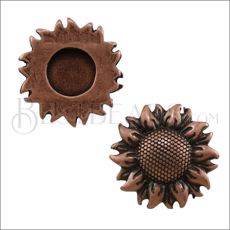10mm flat DETAILED SUNFLOWER slider ANT COPPER - 10 pcs