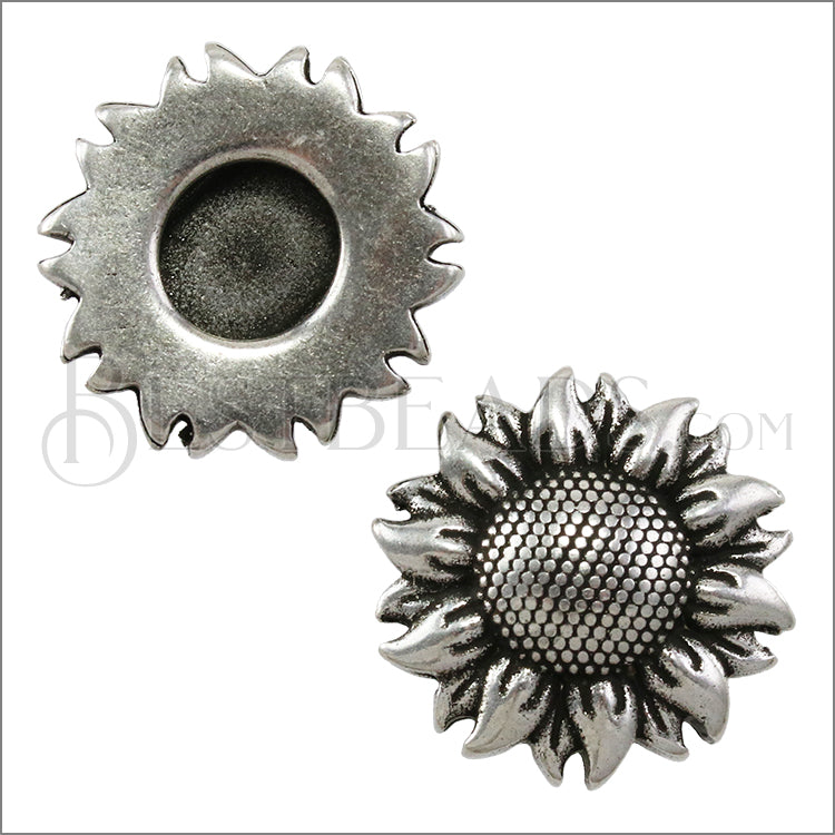 10mm flat DETAILED SUNFLOWER slider ANT SILVER - 10 pcs