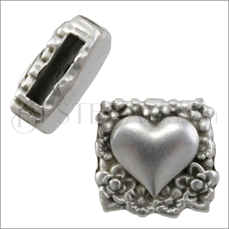 10mm flat FANCY HEART slider ANT SILVER - 10 pcs