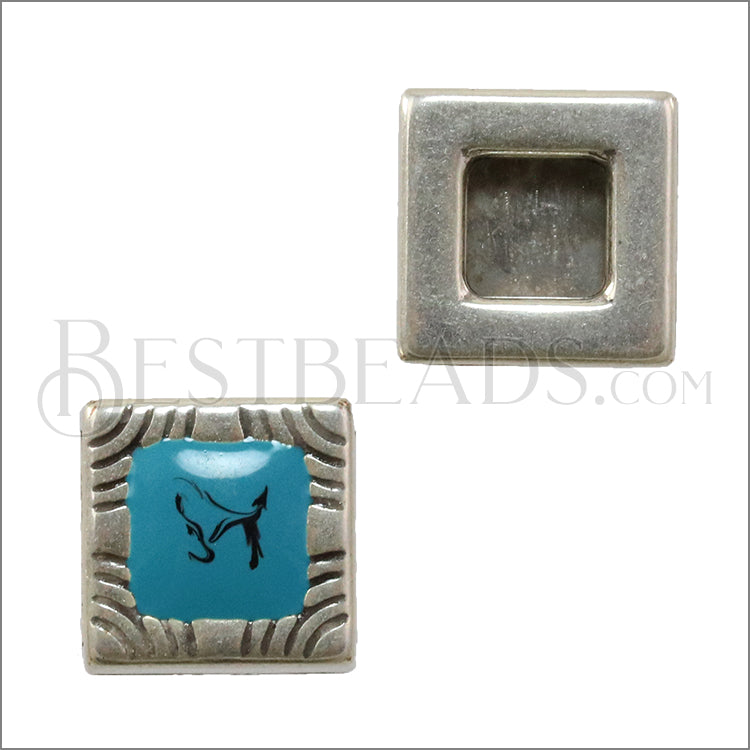 10mm flat DECO SQUARE w/ TURQUOISE slider ANT SILVER - 10 pcs