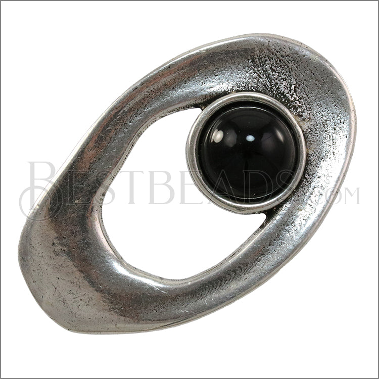 10mm flat IRREGULAR OVAL w/ ONYX centerpiece ANT SILVER - 5 pcs