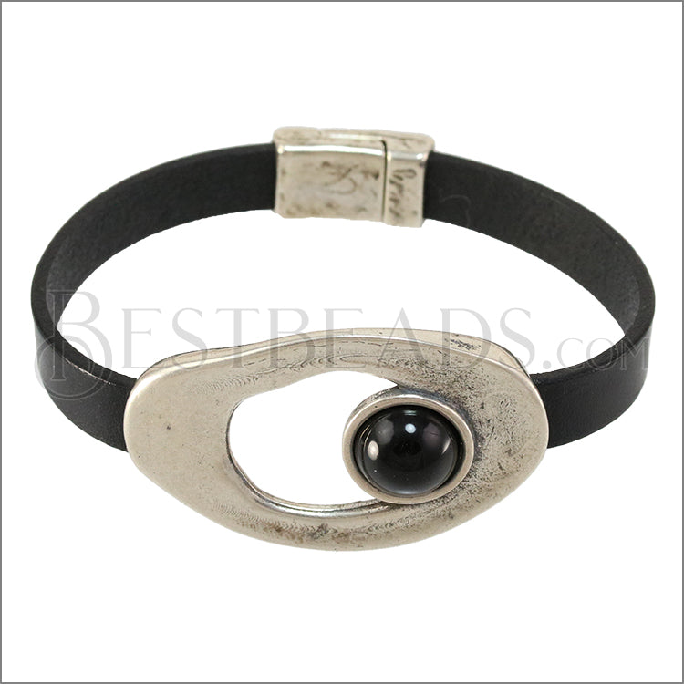 10mm flat IRREGULAR OVAL w/ ONYX centerpiece ANT SILVER - 5 pcs