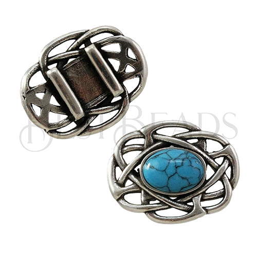 10mm flat VENETIAN WEAVE slider ANT SILVER w/ TURQUOISE - 2 pc