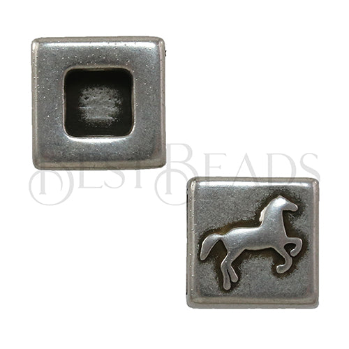 10mm flat SQUARE GALLOPING HORSE slider ANT SILVER - 10 pcs