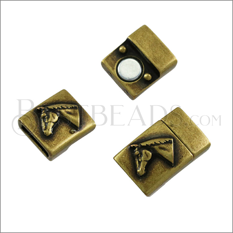 10mm flat HORSE HEAD magnetic clasp ANTIQUE BRASS - 5 clasps