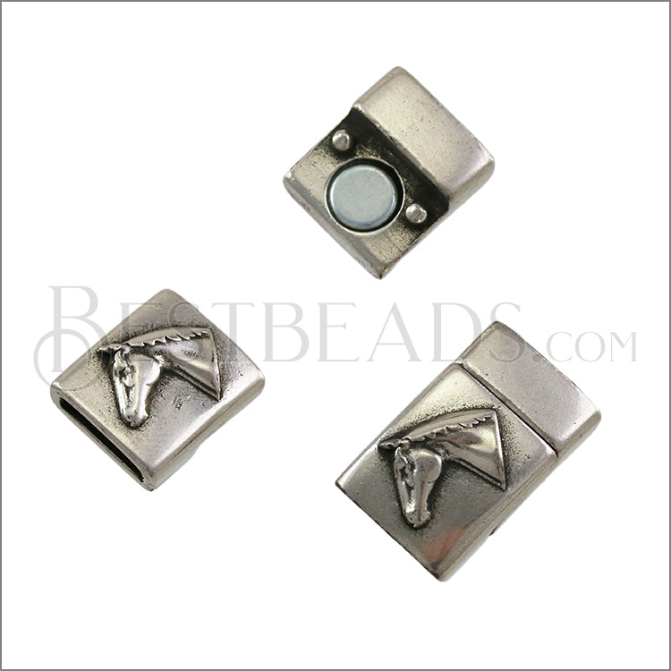 10mm flat HORSE HEAD magnetic clasp ANTIQUE SILVER - 5 clasps