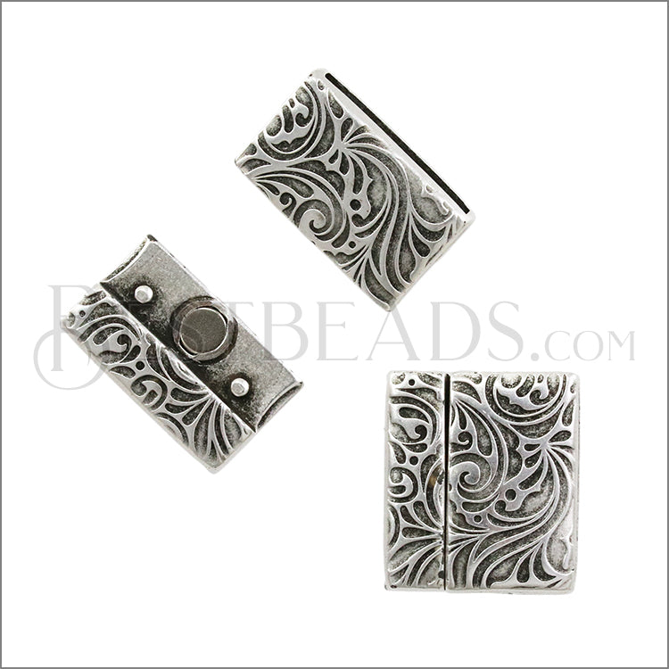 20mm flat ART NOUVEAU FLOWERS magnetic clasp ANTIQUE SILVER - 5 clasps