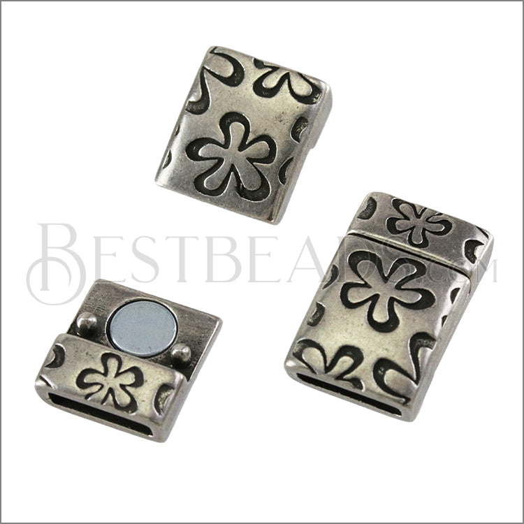 10mm flat FLOWER magnetic clasp ANT SILVER - 10 clasps