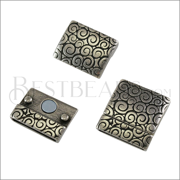 20mm flat SWIRL magnetic clasp ANT SILVER - 5 clasps
