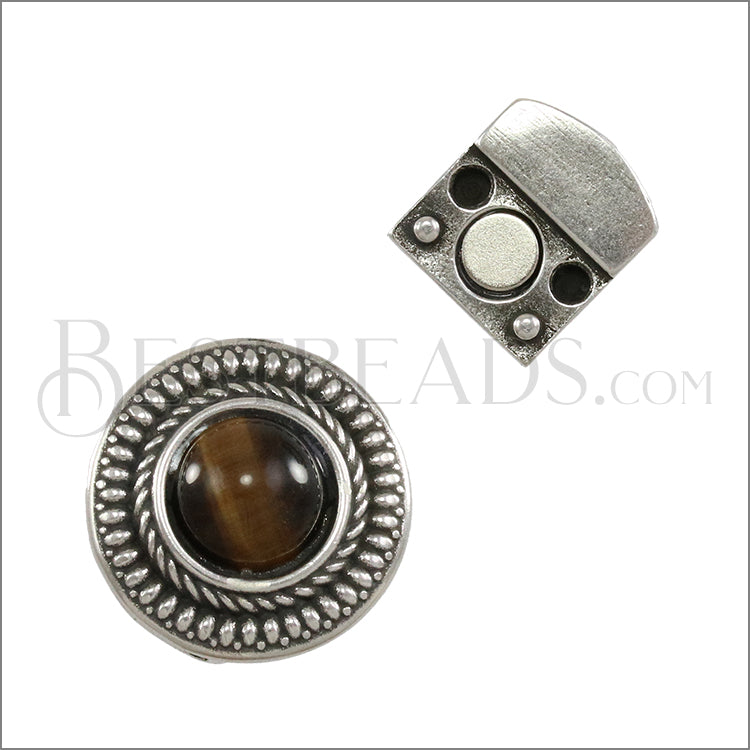 10mm flat ROUND DOTTED CHAIN TIGERS EYE magnetic clasp ANT SILVER - 5 clasps