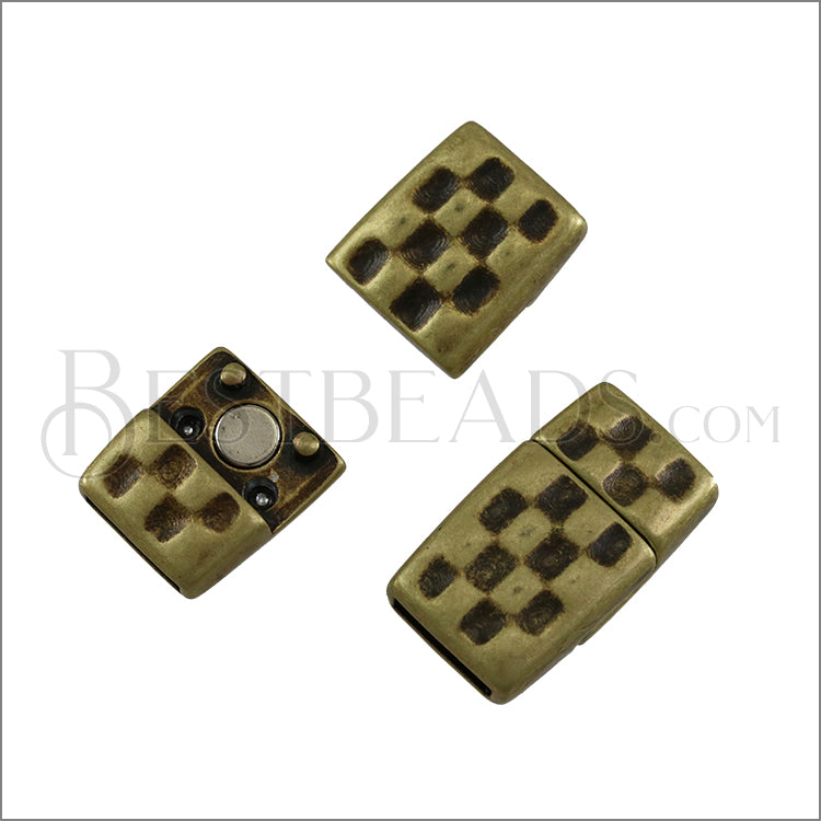 10mm flat HAMMERED magnetic clasp ANT BRASS - 5 clasps