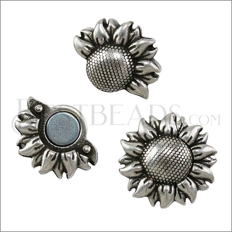 5mm flat DETAILED SUNFLOWER magnetic clasp ANT SILVER - 10 pcs