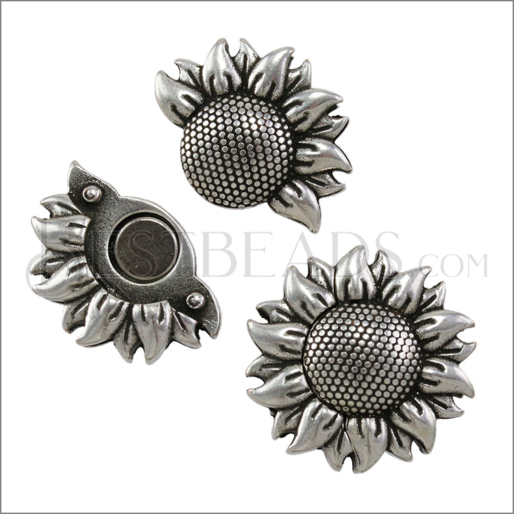 10mm flat DETAILED SUNFLOWER magnetic clasp ANT SILVER - 10 pcs
