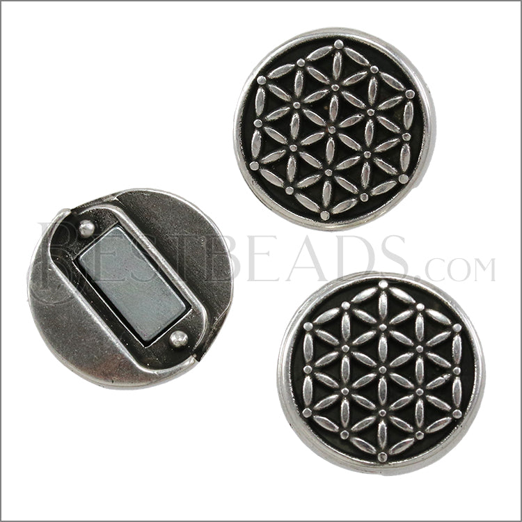10mm flat FLOWER OF LIFE magnetic clasp ANT SILVER - 10 pcs
