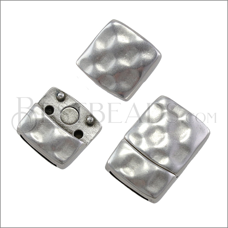 13mm flat HAMMERED magnetic clasp ANT SILVER - 5 clasps