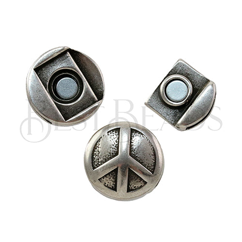 10mm flat SIMPLE PEACE SIGN magnetic clasp ANT SILVER - 5 pcs