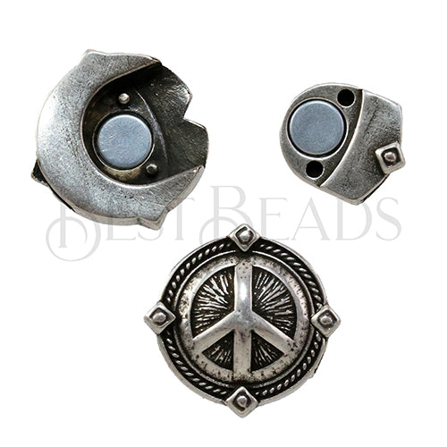 10mm flat ORNATE PEACE SIGN magnetic clasp ANT SILVER - 5 pcs