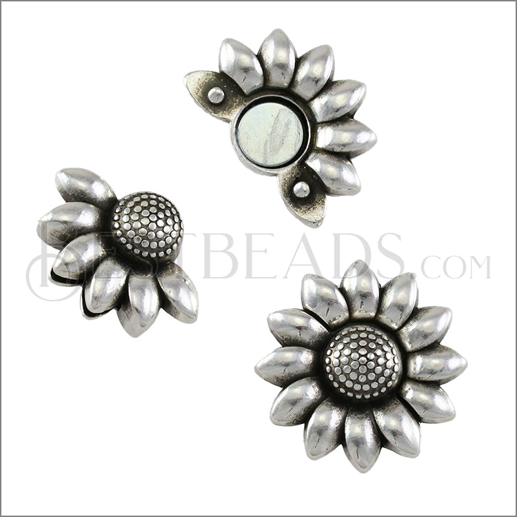 10mm flat flat SUNFLOWER magnetic clasp ANT SILVER - 5 clasps
