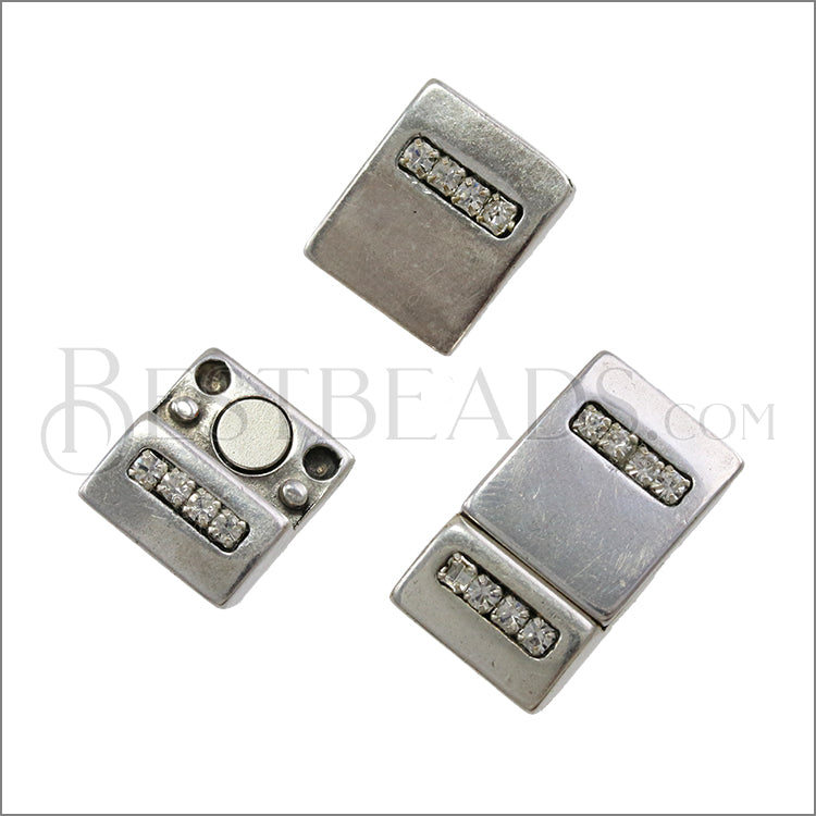 10mm flat CRYSTAL magnetic clasp ANT SILVER - 2 clasps