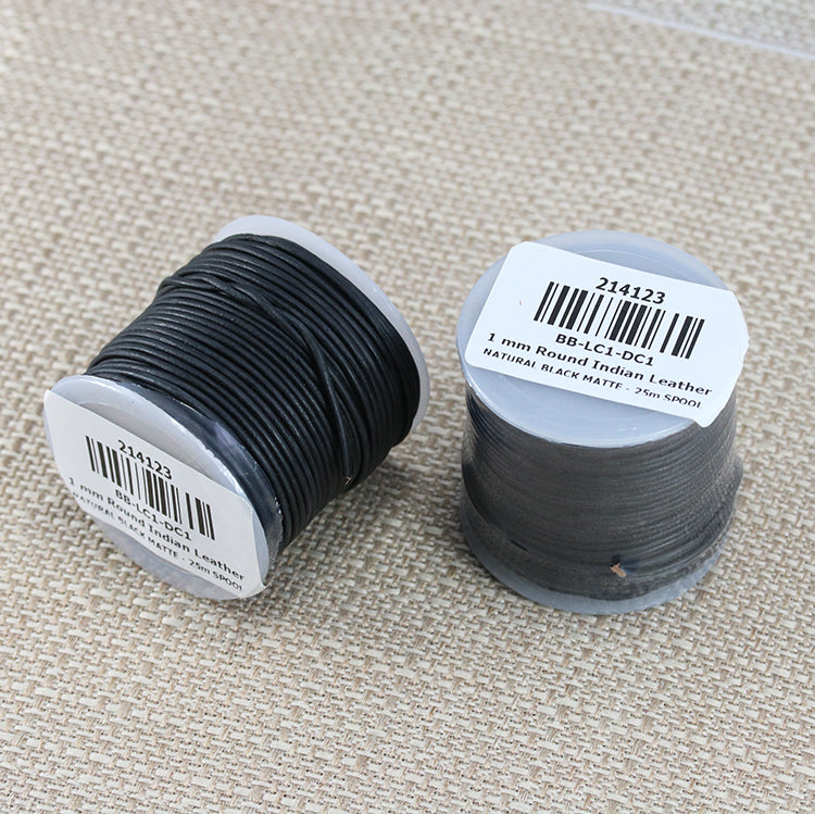 1mm round Indian leather - natural black matte - 25m SPOOL