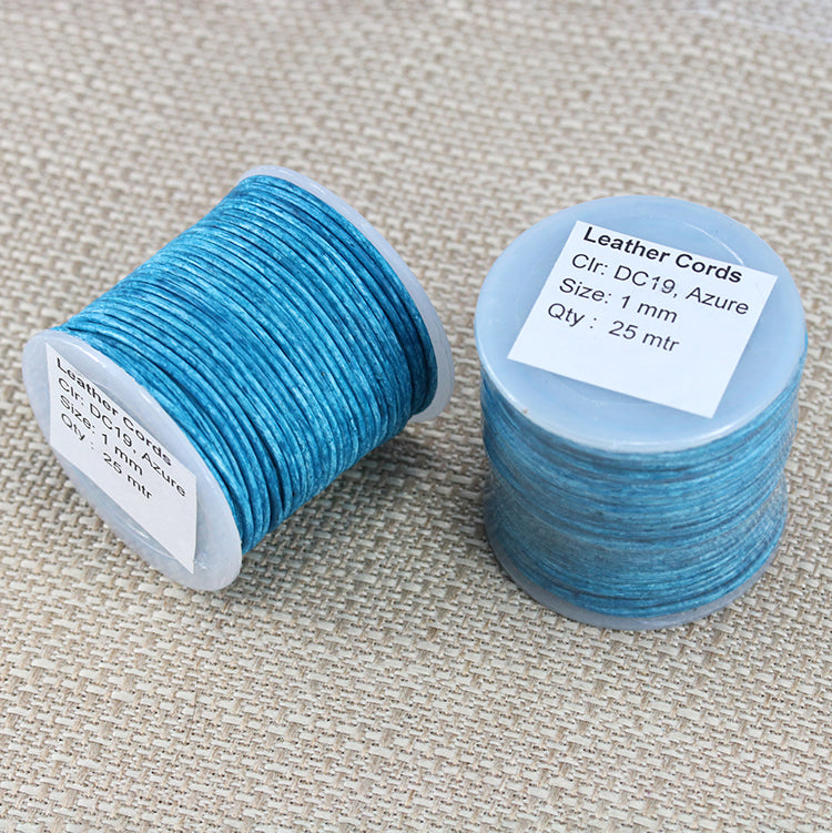 1mm round Indian leather - weathered AZURE - 25m SPOOL