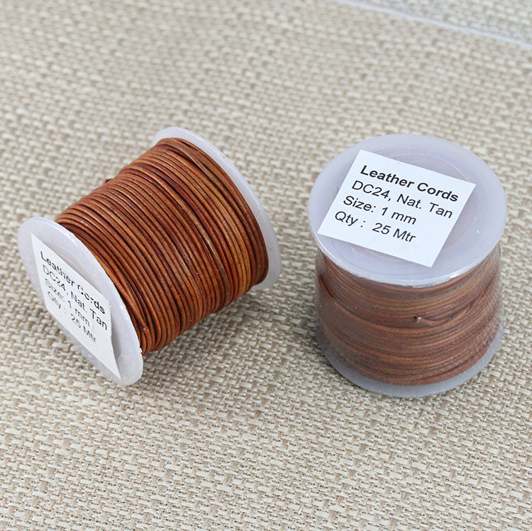 1mm round Indian leather - NATURAL TAN - 25m SPOOL