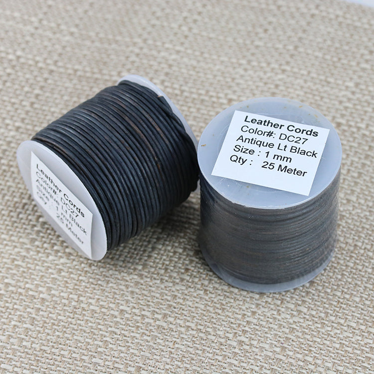 1mm round Indian leather - ANTIQUE LT BLACK - 25m SPOOL