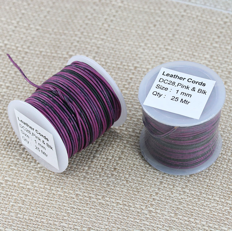 1mm round Indian leather - PINK & BLACK - 25m SPOOL