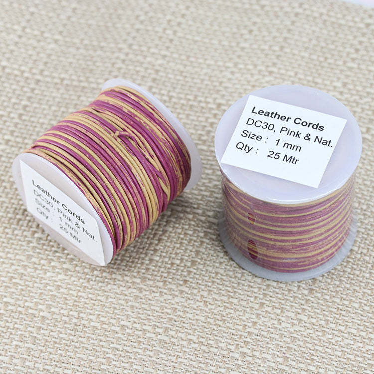 1mm round Indian leather - PINK & NATURAL - 25m SPOOL